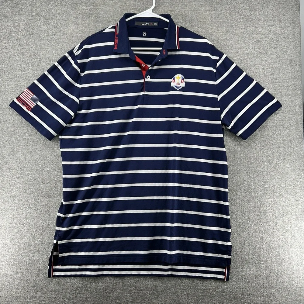 RLX Ralph Lauren 2018 Gold Cup Golf Polo Men Sz Large Blue‎ Striped Short Sleeve